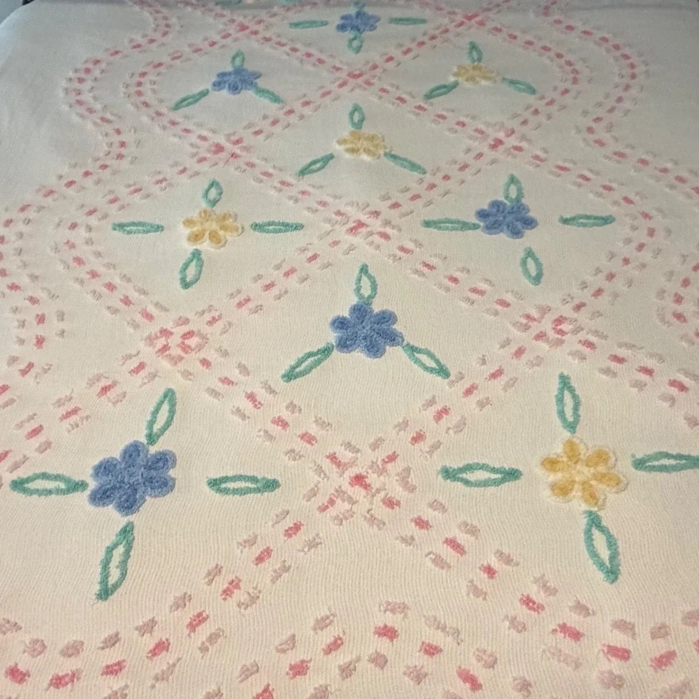 Vintage Chenille Floral Bedspread White Pink Blue Size 94x100 Shabby Chic Cotton